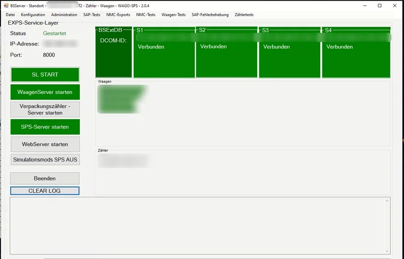 BakerySuite Server: Service-Oberfläche mit Waagen-, SPS- und Zählerdiensten