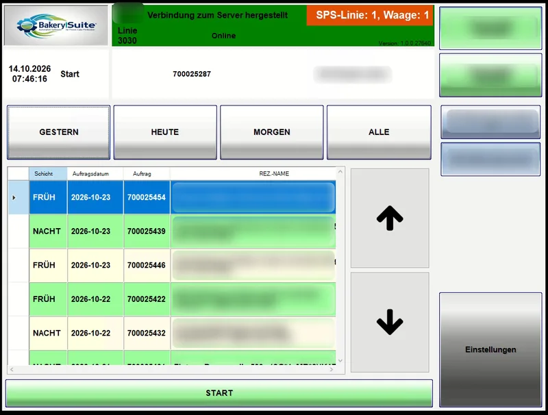 BakerySuite Touch: Übersicht der Produktionsaufträge nach Schicht und Datum