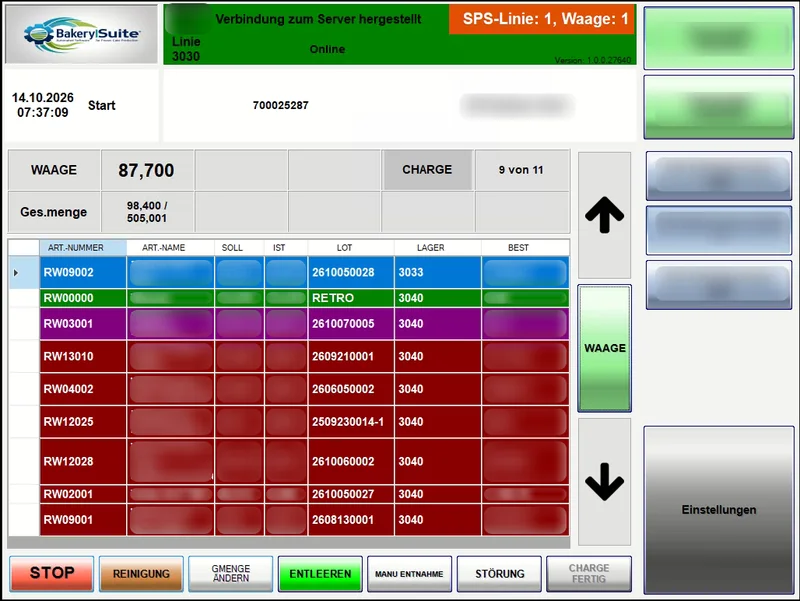BakerySuite Touch: Produktionsauftrag mit Rohstoffliste, Chargen (LOT) und Waagenanzeige