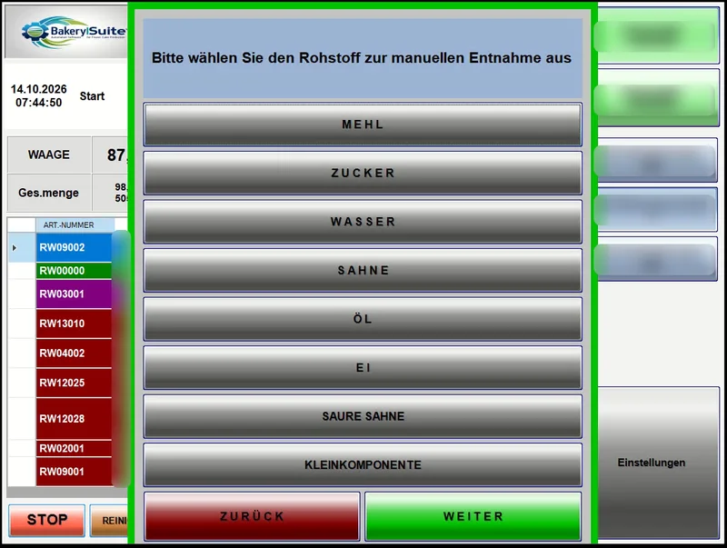 Manuelle Rohstoffentnahme in BakerySuite Touch: Mehl, Zucker, Wasser, Sahne, Öl, Ei