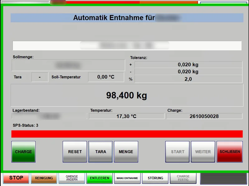 Automatische Silo-Entnahme per SPS mit Sollmenge, Toleranz und Charge in BakerySuite Touch