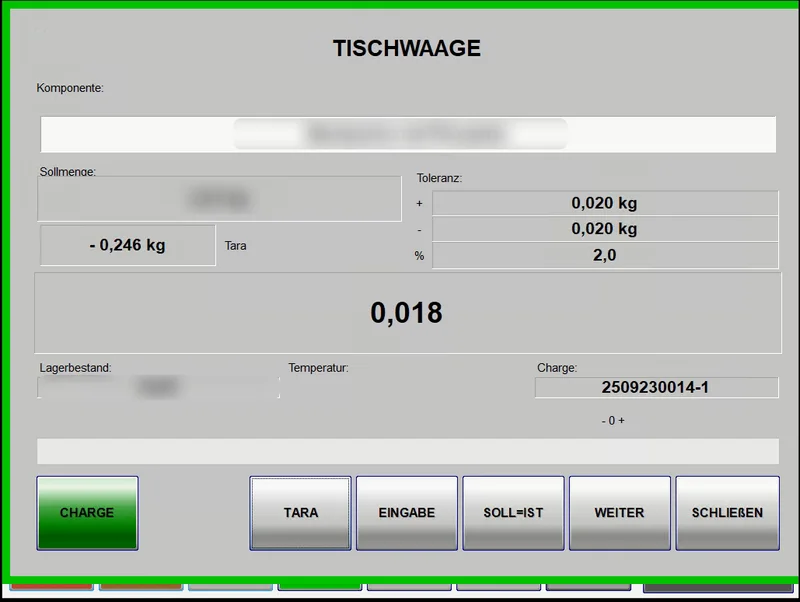 Verwiegung an der RHEWA-Tischwaage mit Sollmenge, Toleranz und Charge in BakerySuite Touch